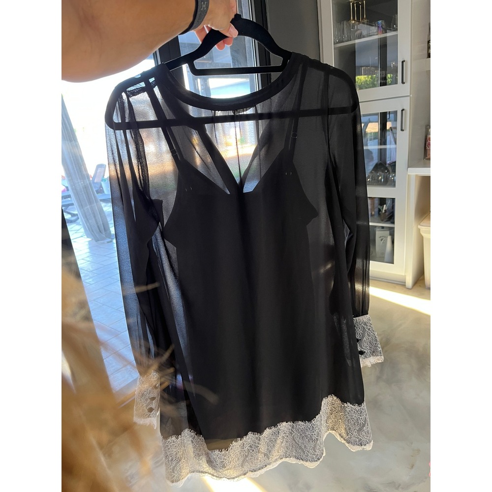 LOVESTITCH Black Sheer Lace Trim Tunic Blouse Boho Feminine Sz Small S - Picture 5 of 6
